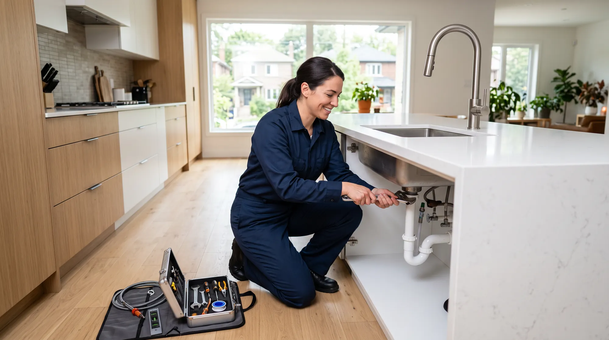 Licensed plumber fixing a kitchen sink in a Toronto home