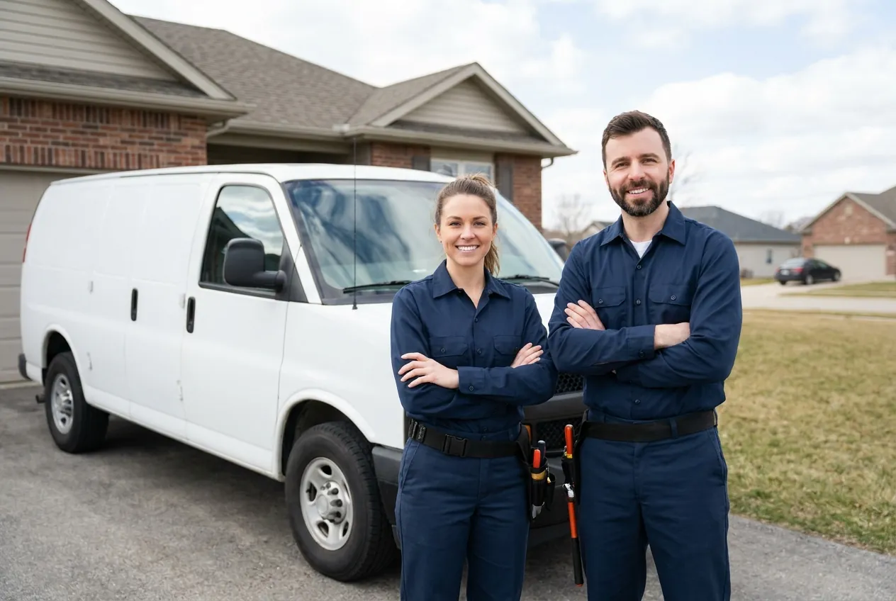Two ProFlow technicians beside their service van